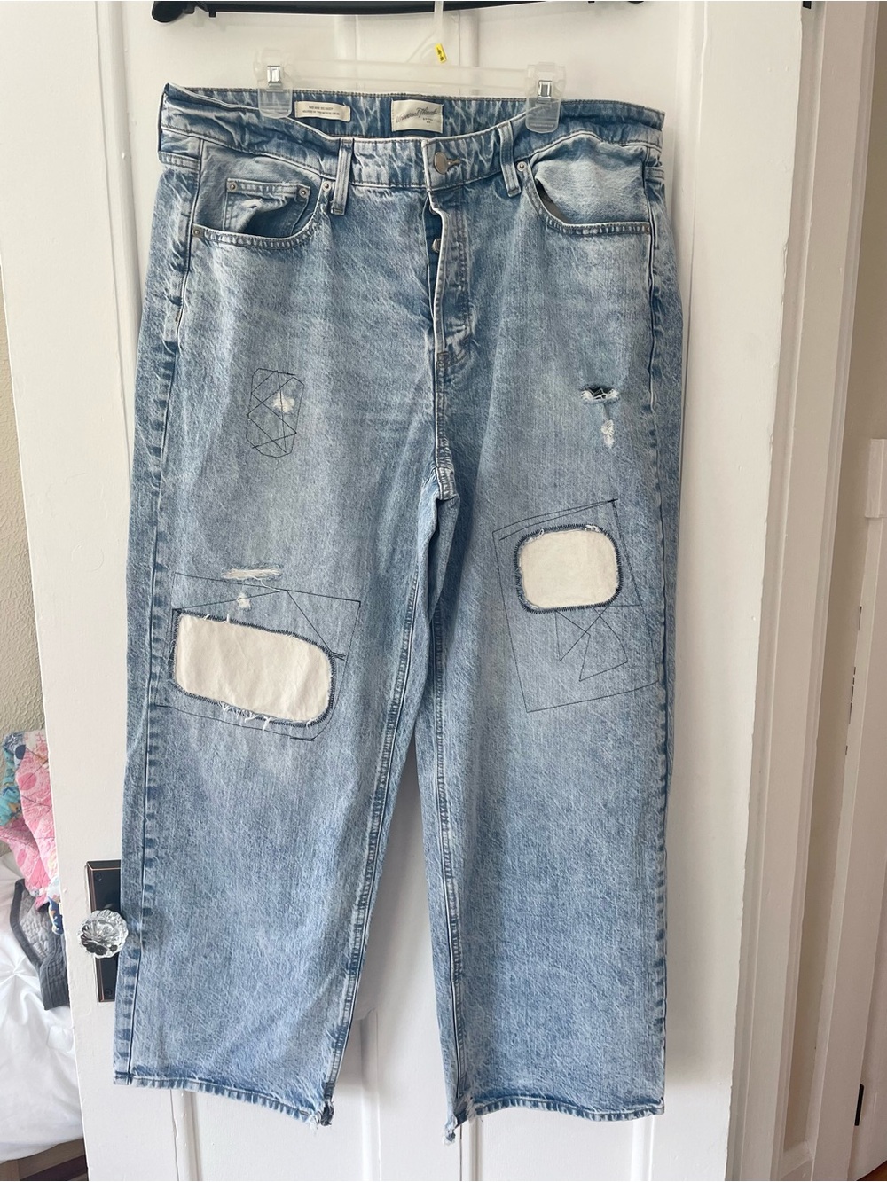 Womens 17R Mid Rise 90s Baggy Patchwork Light Wash Jeans Y2K Grunge Button Fly